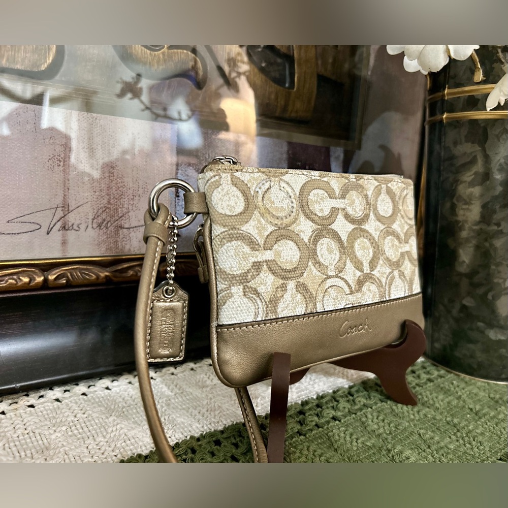 Coach Beige Signature Logo Wristlet with Metallic Accents - Picture 3 of 15